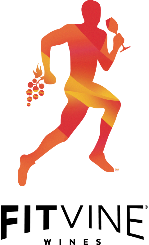 Logo of running man holding a vine of grapes in one hand and a glass of wine in the other